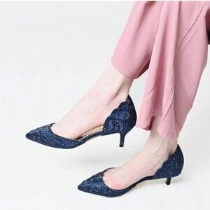 XYD Navy Elegant Pointed Toe D'Orsay Low Heel Rhinestone Studs Pumps